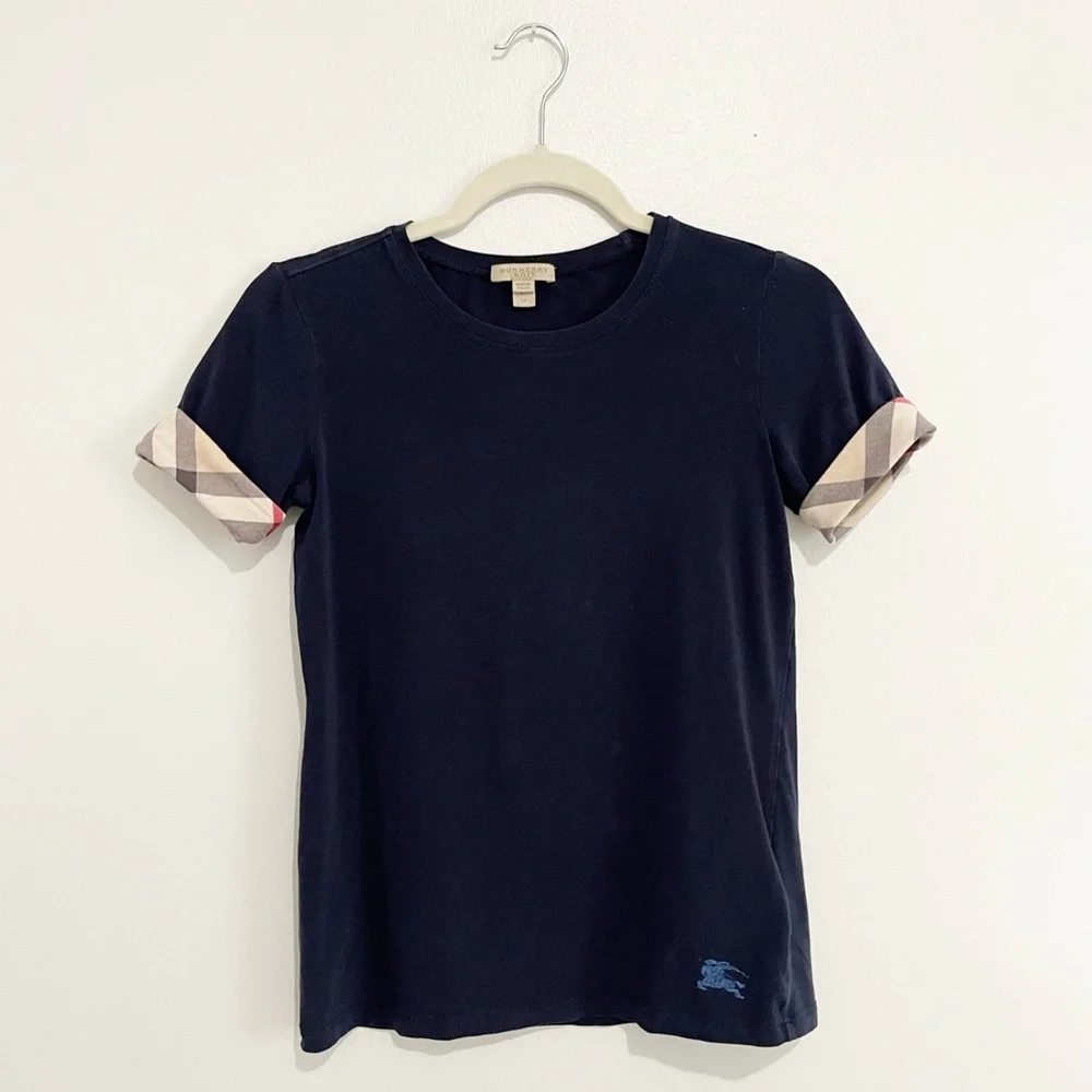 Burberry Brit Navy Blue Cotton Short Sleeve Nova Check Cuff T-Shirt Tee Size XS - Picture 3 of 10
